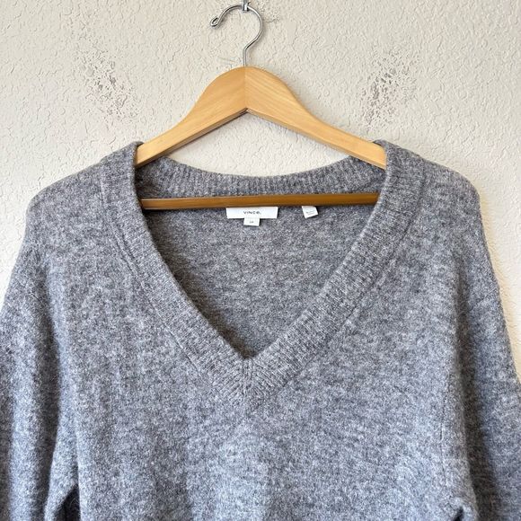 VINCE Side Slit V-Neck Tunic Sweater in Grey Wool Alpaca Blend - Picture 3 of 10